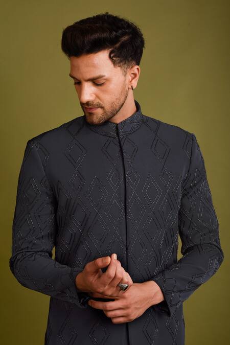 Chatenya Mittal_Blue Poly Wool Bugle Beads Diamond Pattern Bandhgala Set _Online_at_Aza_Fashions