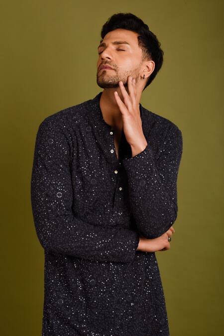 Chatenya Mittal_Blue Georgette Thread And Sequin Embroidered Kurta Set _Online_at_Aza_Fashions