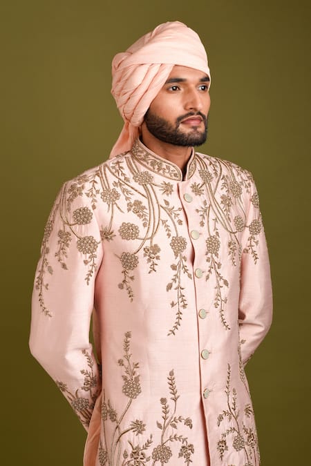 Chatenya Mittal_Pink Silk Floral Garden Sherwani Set _Online_at_Aza_Fashions