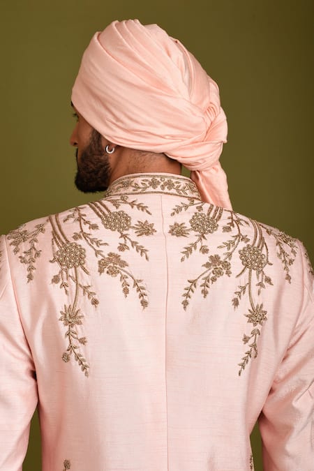 Buy_Chatenya Mittal_Pink Silk Floral Garden Sherwani Set _Online_at_Aza_Fashions