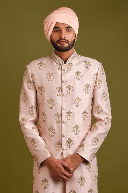 Chatenya Mittal_Pink Raw Silk Floral Bouquet Sherwani Set _Online_at_Aza_Fashions