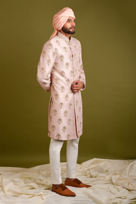 Buy_Chatenya Mittal_Pink Raw Silk Floral Bouquet Sherwani Set _Online_at_Aza_Fashions