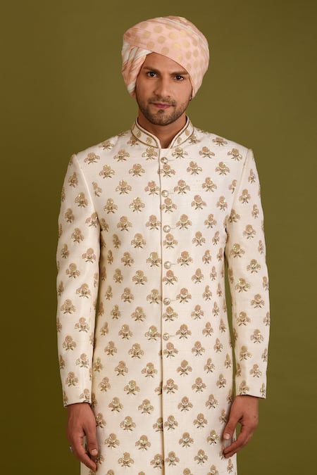 Chatenya Mittal_Beige Silk Embroidery, Sequins Floral Sherwani Set For Kids_Online_at_Aza_Fashions