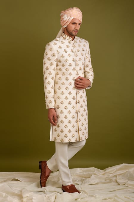 Buy_Chatenya Mittal_Beige Silk Embroidery, Sequins Floral Sherwani Set For Kids_Online_at_Aza_Fashions