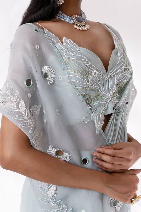PIRI INDIA Blue Organza, Georgette Nayraa Pre-draped Saree With Embroidered Bustier Online at Aza Fashions PIRI INDIA_Blue Organza, Georgette Nayraa Pre-draped Saree With Embroidered Bustier _Online_at_Aza_Fashions