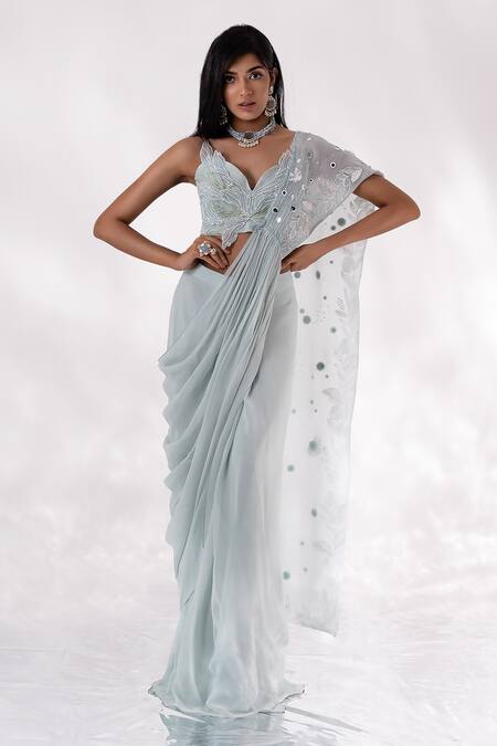 Buy PIRI INDIA Blue Organza, Georgette Nayraa Pre-draped Saree With Embroidered Bustier Online at Aza Fashions Buy_PIRI INDIA_Blue Organza, Georgette Nayraa Pre-draped Saree With Embroidered Bustier _Online_at_Aza_Fashions