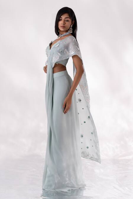 Shop PIRI INDIA Blue Organza, Georgette Nayraa Pre-draped Saree With Embroidered Bustier Online at Aza Fashions Shop_PIRI INDIA_Blue Organza, Georgette Nayraa Pre-draped Saree With Embroidered Bustier _Online_at_Aza_Fashions