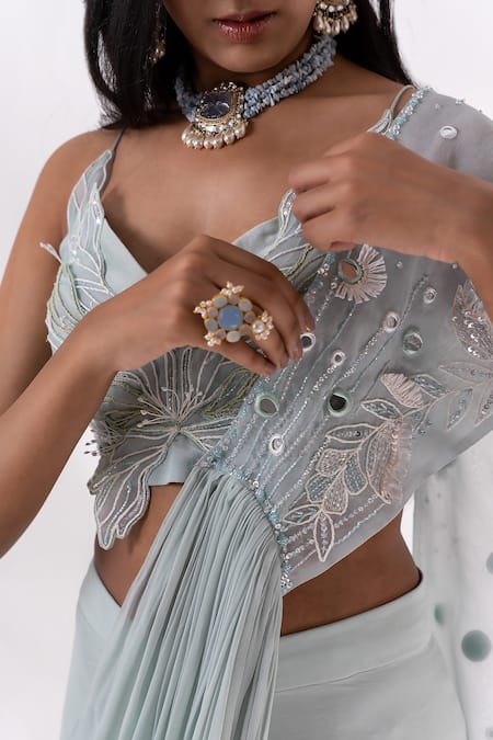 PIRI INDIA Blue Organza, Georgette Nayraa Pre-draped Saree With Embroidered Bustier at Aza Fashions PIRI INDIA_Blue Organza, Georgette Nayraa Pre-draped Saree With Embroidered Bustier _at_Aza_Fashions