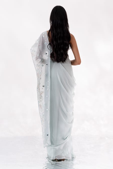 Shop PIRI INDIA Blue Organza, Georgette Nayraa Pre-draped Saree With Embroidered Bustier at Aza Fashions Shop_PIRI INDIA_Blue Organza, Georgette Nayraa Pre-draped Saree With Embroidered Bustier _at_Aza_Fashions