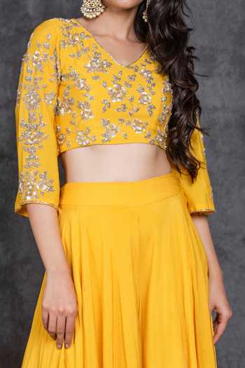 Sunita Bhandari_Yellow Viscose Cut Work, Sequins Embroidered Bell Sleeve Top And Sharara Set _Online_at_Aza_Fashions