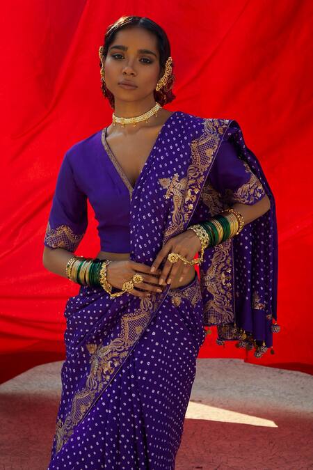 Shop Pink City By Sarika Purple Silk Tassels Bandhani Print Saree With Unstitched Blouse Piece Online at Aza Fashions Shop_Pink City By Sarika_Purple Silk Tassels Bandhani Print Saree With Unstitched Blouse Piece _Online_at_Aza_Fashions