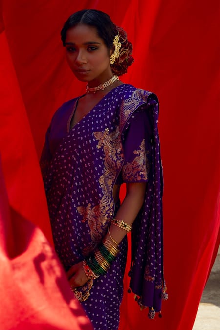 Pink City By Sarika Purple Silk Tassels Bandhani Print Saree With Unstitched Blouse Piece at Aza Fashions Pink City By Sarika_Purple Silk Tassels Bandhani Print Saree With Unstitched Blouse Piece _at_Aza_Fashions