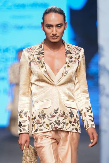 Shop Sejal Kamdar Beige Gajji Silk Embellished Cut Pipe And Cutdana Work Blazer Pant Set Shop_Sejal Kamdar_Beige Gajji Silk Embellished Cut Pipe And Cutdana Work Blazer Pant Set