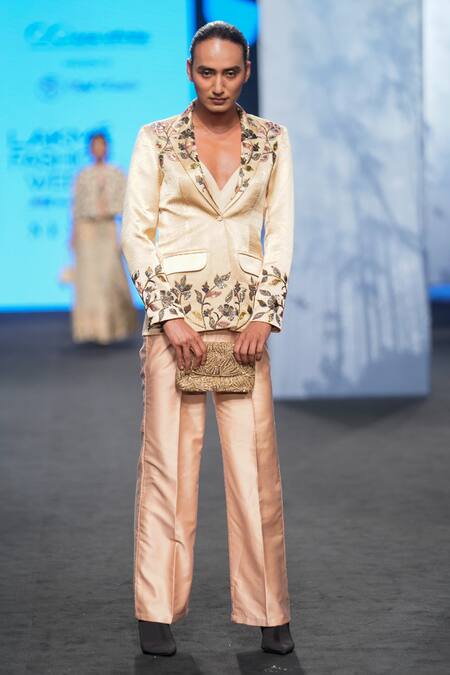 Sejal Kamdar Beige Gajji Silk Embellished Cut Pipe And Cutdana Work Blazer Pant Set at Aza Fashions Sejal Kamdar_Beige Gajji Silk Embellished Cut Pipe And Cutdana Work Blazer Pant Set _at_Aza_Fashions