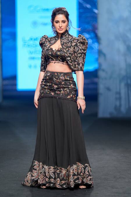 Shop_Sejal Kamdar_Black Gajji Silk Embellished And Printed Patch Jacket High Fish-cut Lehenga Set _Online_at_Aza_Fashions