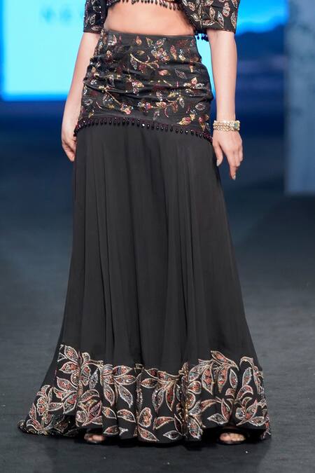 Shop_Sejal Kamdar_Black Gajji Silk Embellished And Printed Patch Jacket High Fish-cut Lehenga Set 