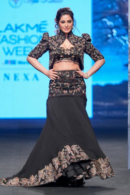 Sejal Kamdar_Black Gajji Silk Embellished And Printed Patch Jacket High Fish-cut Lehenga Set _at_Aza_Fashions