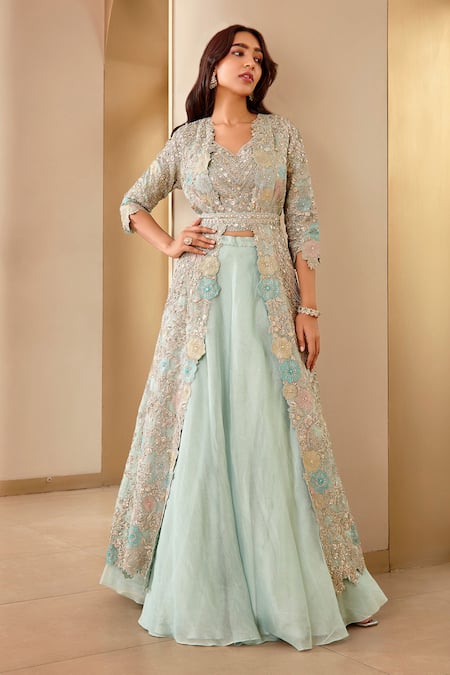 Crop top with drape and pants with lehenga cut flaps - ruceru