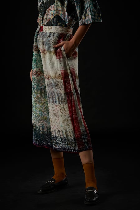 Yavi Ivory Viscose Crepe Impressionist Print Carmen Wide Leg Pants Online at Aza Fashions Yavi_Ivory Viscose Crepe Impressionist Print Carmen Wide Leg Pants_Online_at_Aza_Fashions