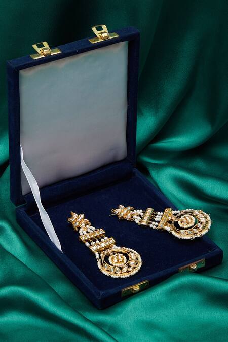 Shop_Just Shradhas_Gold Plated Pearls, Gota Patti And Kundan Embellished Earrings _Online_at_Aza_Fashions