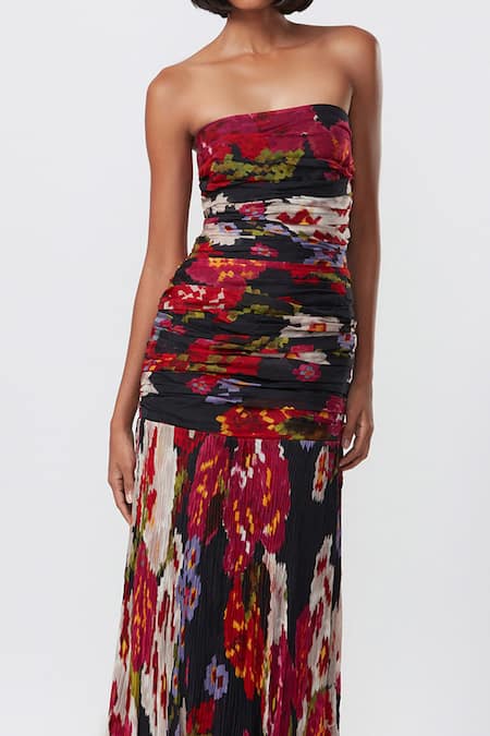 Saaksha & Kinni_Black Chiffon Round Neck Abstract Floral Print Strapless Gown _Online_at_Aza_Fashions