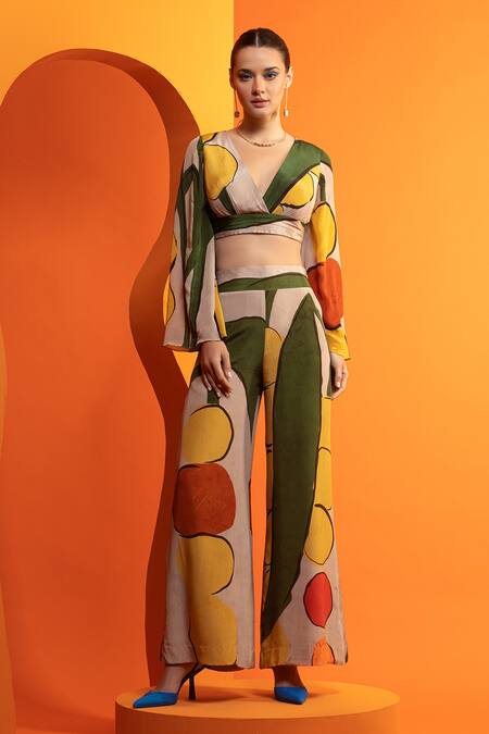 Nautanky Beige Crepe V-neck Abstract Geometric Print Bustier And Pant Set Online at Aza Fashions Nautanky_Beige Crepe V-neck Abstract Geometric Print Bustier And Pant Set _Online_at_Aza_Fashions