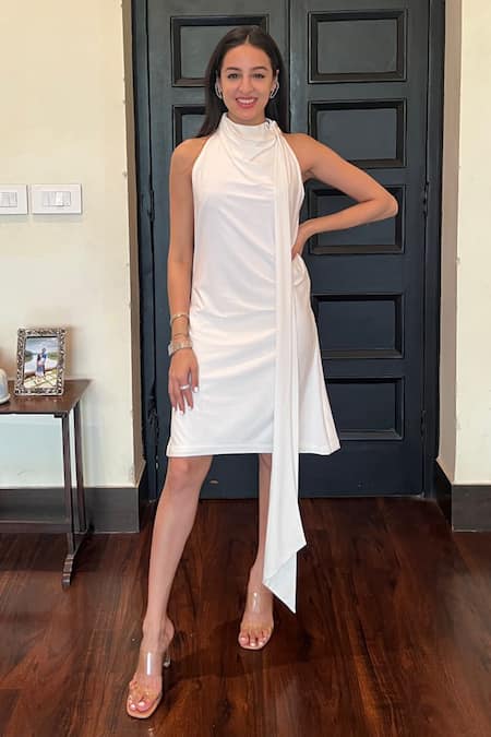Shop Couché By Anandini White Punto Plain Cowl Neck Sleeveless Dress Online at Aza Fashions Shop_Couché By Anandini_White Punto Plain Cowl Neck Sleeveless Dress _Online_at_Aza_Fashions