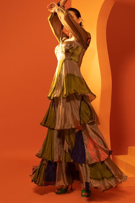 Nautanky Purple Chiffon Square Neck Abstract Geometric Print Tiered Dress Online at Aza Fashions Nautanky_Purple Chiffon Square Neck Abstract Geometric Print Tiered Dress _Online_at_Aza_Fashions