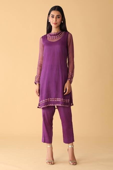 Zeefaa_Purple Organza Embroidered Jewel Motif Crew Neck Kurta Set_Online_at_Aza_Fashions