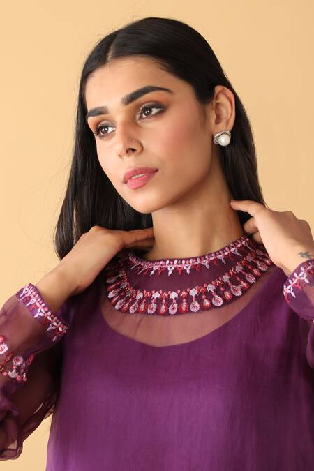 Buy_Zeefaa_Purple Organza Embroidered Jewel Motif Crew Neck Kurta Set_Online_at_Aza_Fashions