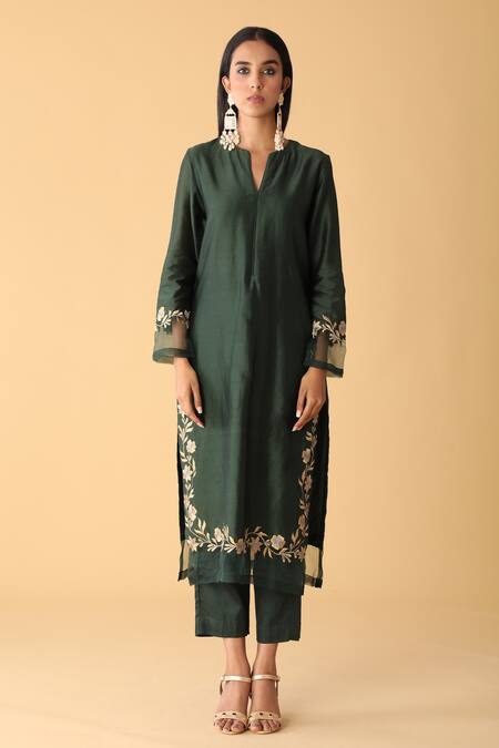 Buy_Zeefaa_Green Kurta Chanderi Pant Cotton Satin Dupatta Organza Floral Motifs Set_Online_at_Aza_Fashions