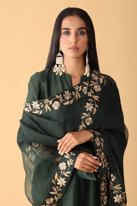 Shop_Zeefaa_Green Kurta Chanderi Pant Cotton Satin Dupatta Organza Floral Motifs Set_Online_at_Aza_Fashions
