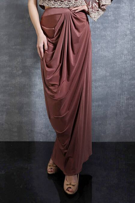 Shop_Nidzign Couture_Maroon Embroidery Round Cape Top And Draped Skirt Set _at_Aza_Fashions