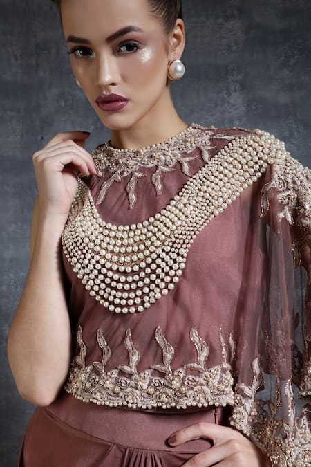 Nidzign Couture_Maroon Embroidery Round Cape Top And Draped Skirt Set _Online_at_Aza_Fashions