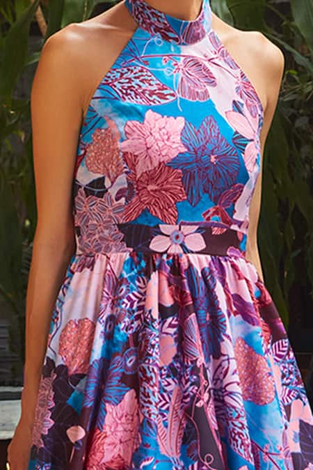 Shop_Ankita Dharman_Multi Color Crepe Floral Motifs Halter Sangria Balloon Dress _Online_at_Aza_Fashions