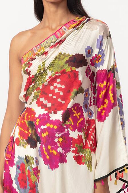 Saaksha & Kinni_Ivory Cotton Tassels Asymmetric Abstract Floral Print Kaftan _Online_at_Aza_Fashions