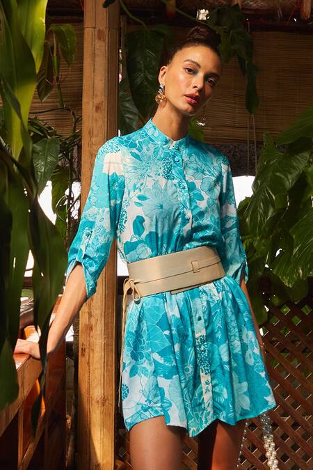 Ankita Dharman Blue Crepe Floral Motifs Band Collar Tiffany Shirt Dress at Aza Fashions Ankita Dharman_Blue Crepe Floral Motifs Band Collar Tiffany Shirt Dress _at_Aza_Fashions