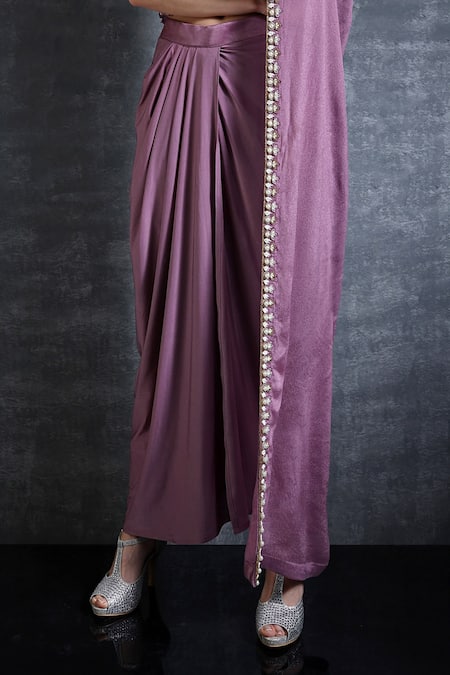 Shop_Nidzign Couture_Purple Embroidery Round Draped Crop Top And Skirt Set _at_Aza_Fashions
