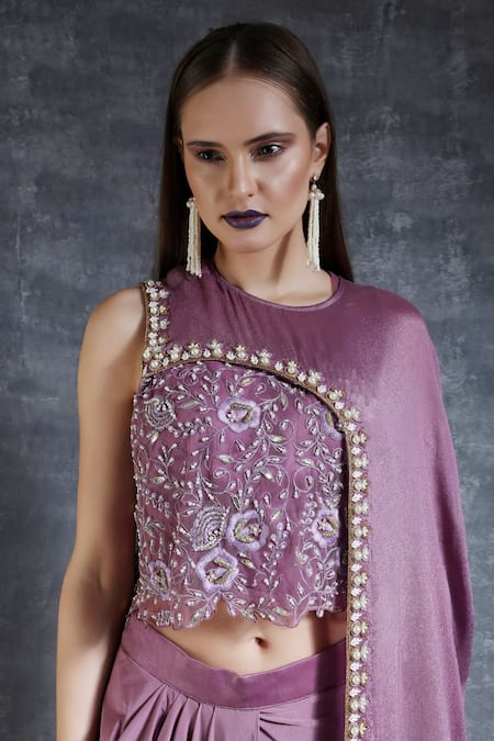 Nidzign Couture_Purple Embroidery Round Draped Crop Top And Skirt Set _Online_at_Aza_Fashions