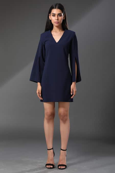 Zeefaa Blue Crepe Plain V Neck Slit Sleeve Dress  4