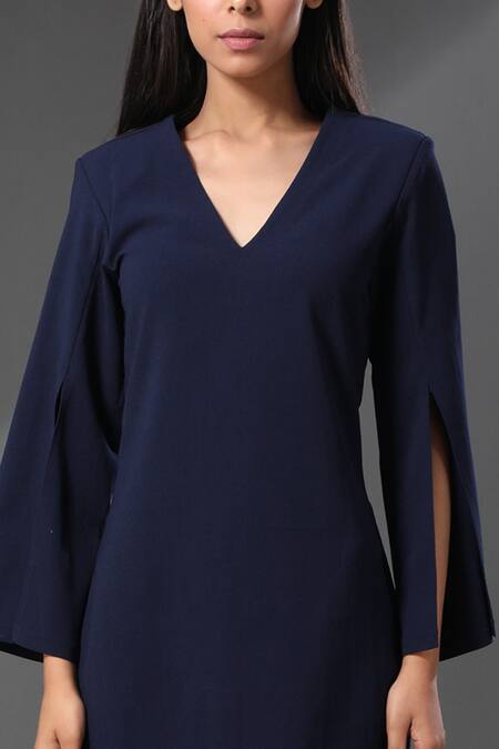 Zeefaa Blue Crepe Plain V Neck Slit Sleeve Dress  5