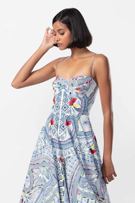Saaksha & Kinni_Blue Cotton Embroidery, Mirrors Sweetheart Neck Abstract Print Summer Frock_Online_at_Aza_Fashions