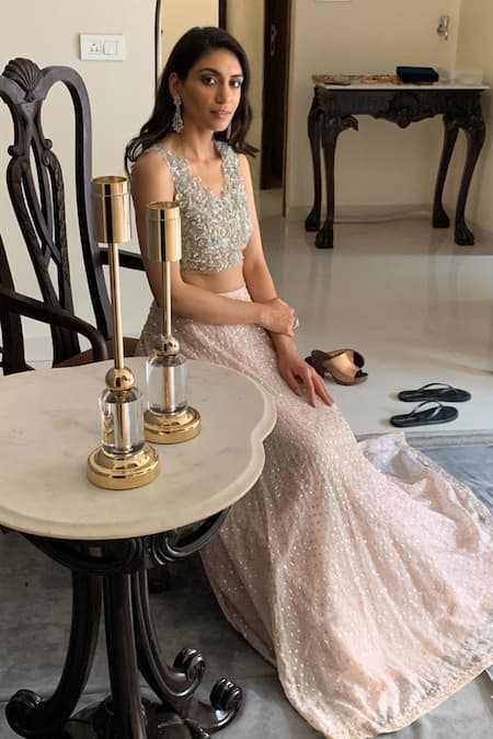 Sunita Bhandari_Pink Viscose, Georgette, Net Cut Work, Sequins V-neck Embroidered Lehenga Set _Online_at_Aza_Fashions