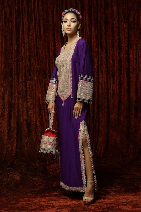 Shikhar Sharma_Purple Silk Chanderi Badla, Dori, Gota Leaf Neck Kaftan _Online_at_Aza_Fashions
