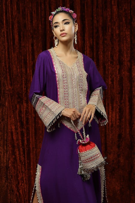 Buy_Shikhar Sharma_Purple Silk Chanderi Badla, Dori, Gota Leaf Neck Kaftan _Online_at_Aza_Fashions