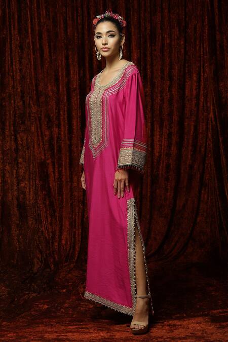 Shikhar Sharma_Pink Silk Chanderi Badla, Dori, Gota Leaf Neck Kaftan _Online_at_Aza_Fashions