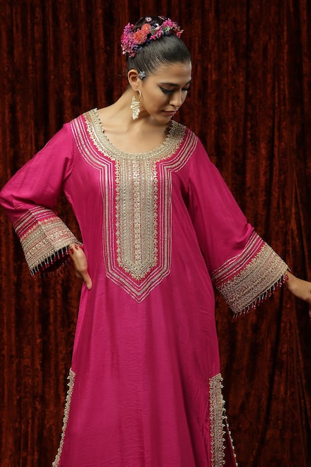Buy_Shikhar Sharma_Pink Silk Chanderi Badla, Dori, Gota Leaf Neck Kaftan _Online_at_Aza_Fashions