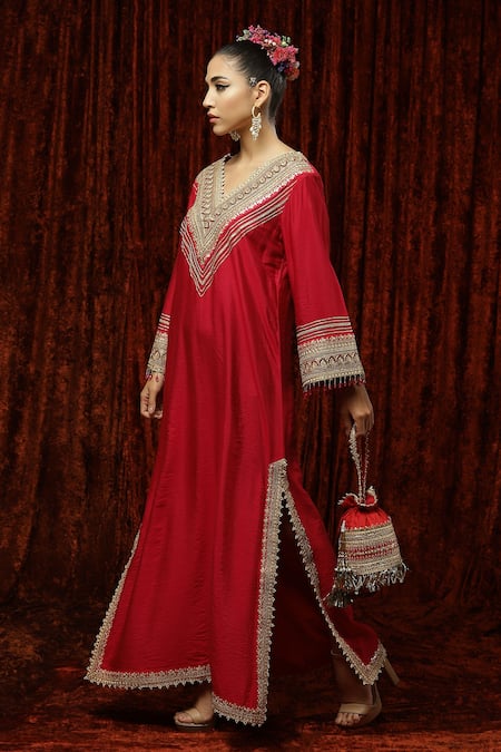 Shikhar Sharma_Pink Silk Chanderi Badla, Dori, Gota V Neck Kaftan _Online_at_Aza_Fashions