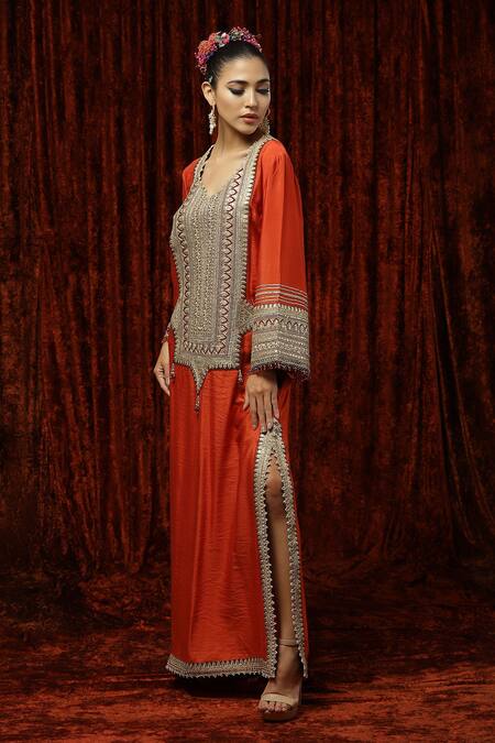 Shikhar Sharma Orange Silk Chanderi Badla, Dori, Gota V Neck Kaftan Online at Aza Fashions Shikhar Sharma_Orange Silk Chanderi Badla, Dori, Gota V Neck Kaftan _Online_at_Aza_Fashions