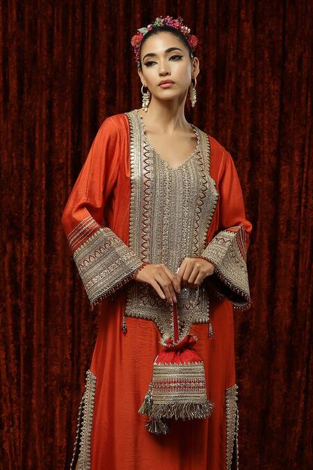 Buy Shikhar Sharma Orange Silk Chanderi Badla, Dori, Gota V Neck Kaftan Online at Aza Fashions Buy_Shikhar Sharma_Orange Silk Chanderi Badla, Dori, Gota V Neck Kaftan _Online_at_Aza_Fashions